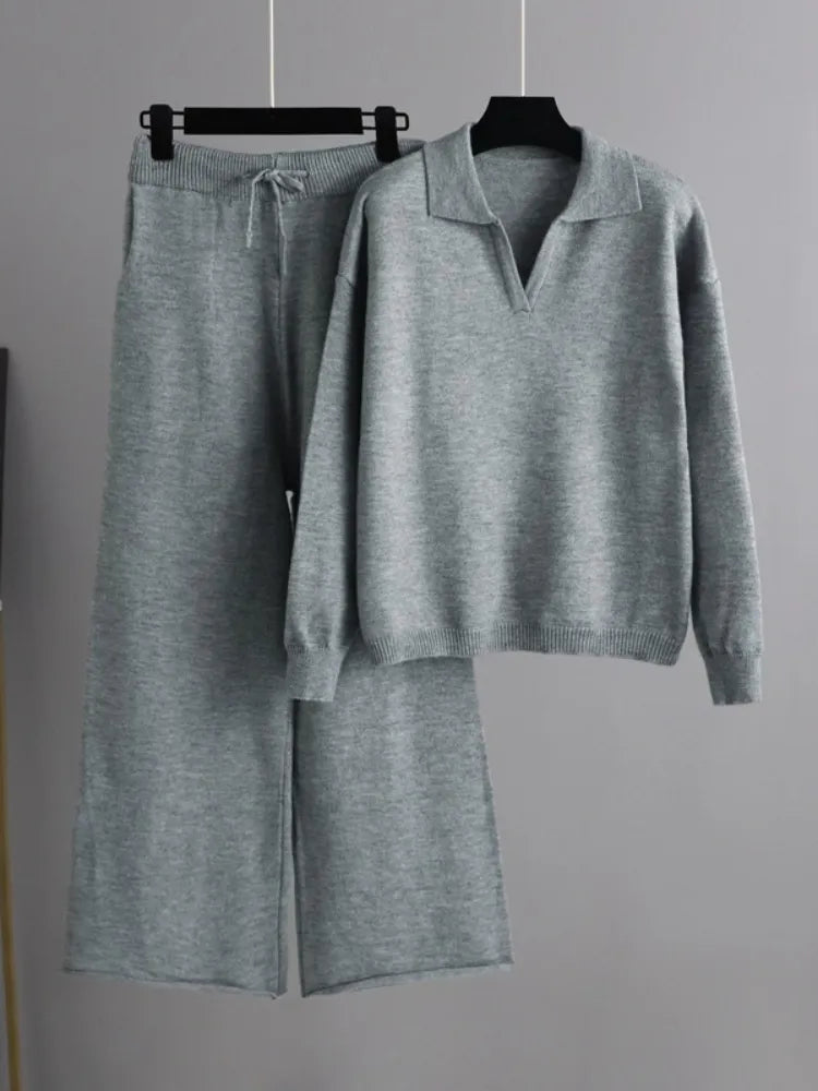 W&W - 2 Stück Set Ladies Oversized Trainingsanzug Polo Kragen Pullover und Hose