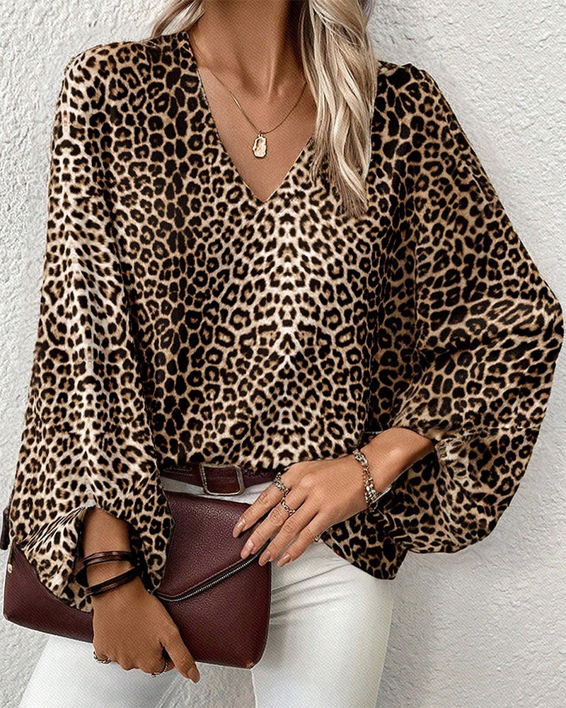 WW | Stilvolles Leopardenprint-Top mit V-Ausschnitt und Laternenärmeln