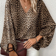 WW | Stilvolles Leopardenprint-Top mit V-Ausschnitt und Laternenärmeln