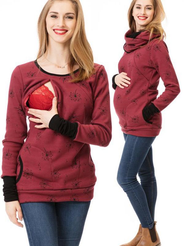 WW | Schwangerschafts-Chaps, Krankenschwester-Sweatshirts, Blumendruck, Taschen, Reißverschluss, Stillkleidung