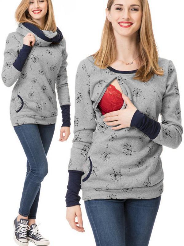 WW | Schwangerschafts-Chaps, Krankenschwester-Sweatshirts, Blumendruck, Taschen, Reißverschluss, Stillkleidung