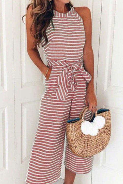 WW | Rosiedress Rundhals ärmelloses gestreiftes Schleifen-geflochtenes weit geschnittenes Jumpsuit