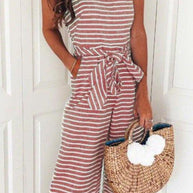 WW | Rosiedress Rundhals ärmelloses gestreiftes Schleifen-geflochtenes weit geschnittenes Jumpsuit