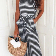 WW | Rosiedress Rundhals ärmelloses gestreiftes Schleifen-geflochtenes weit geschnittenes Jumpsuit