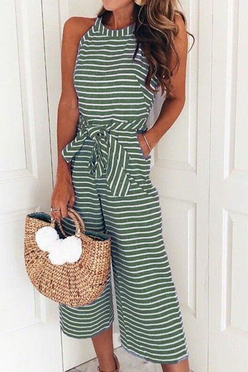 W&W Mode | Rosiedress Rundhals ärmelloses gestreiftes Schleifen-geflochtenes weit geschnittenes Jumpsuit