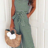 WW | Rosiedress Rundhals ärmelloses gestreiftes Schleifen-geflochtenes weit geschnittenes Jumpsuit