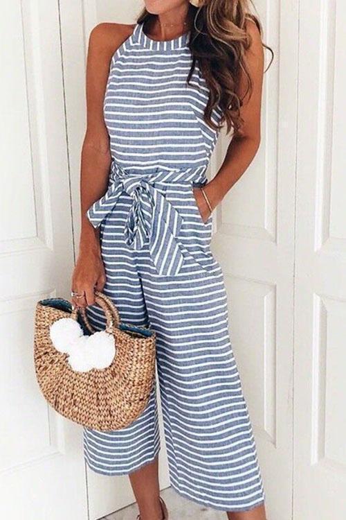WW | Rosiedress Rundhals ärmelloses gestreiftes Schleifen-geflochtenes weit geschnittenes Jumpsuit