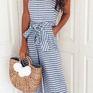 WW | Rosiedress Rundhals ärmelloses gestreiftes Schleifen-geflochtenes weit geschnittenes Jumpsuit