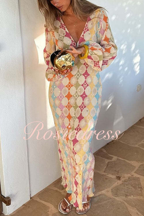 WW | Rosiedress V-Ausschnitt Laternenärmel Geometrischer Druck Maxi-Kleid