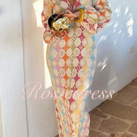 WW | Rosiedress V-Ausschnitt Laternenärmel Geometrischer Druck Maxi-Kleid