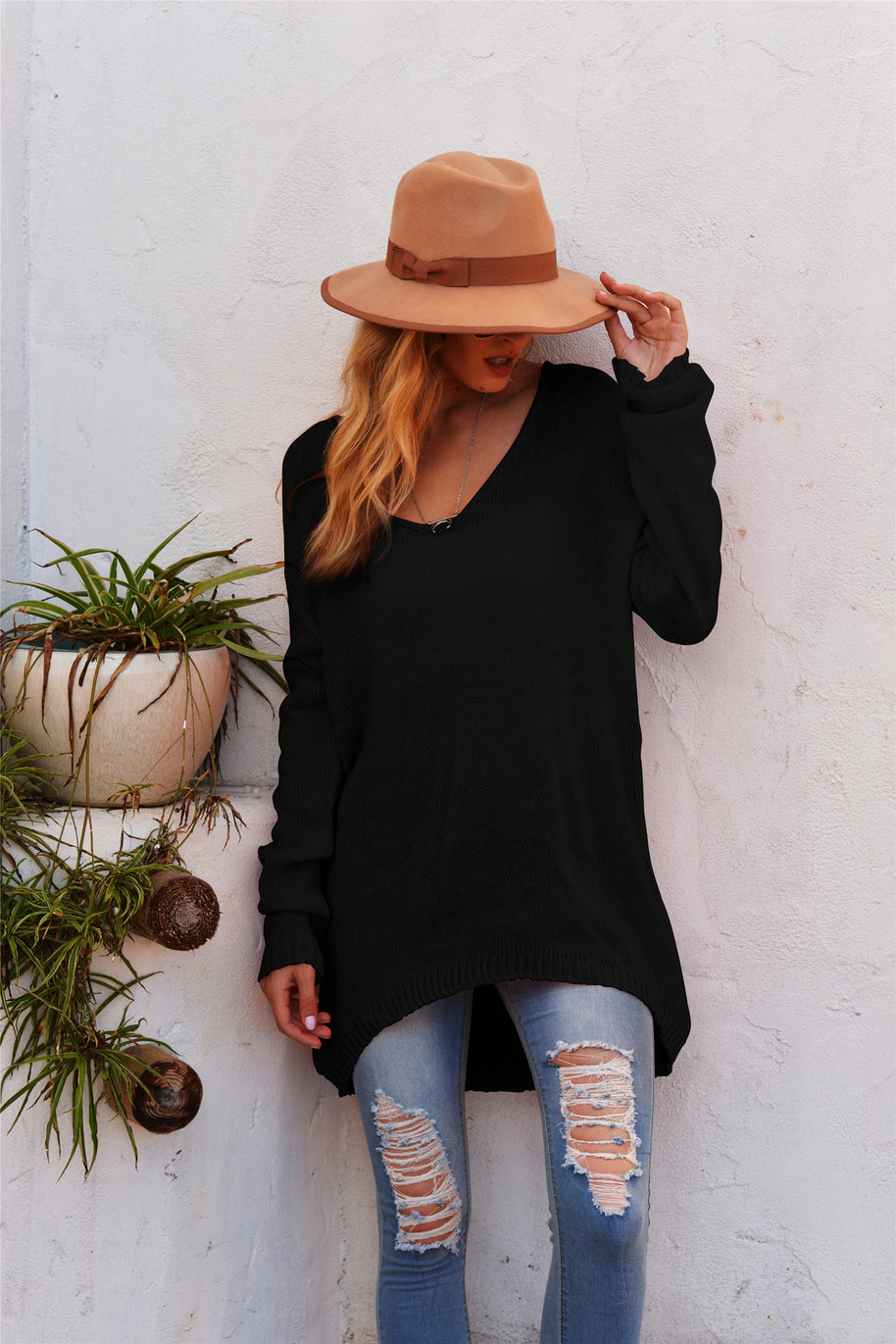 Damen lässiger Strickpullover mit tiefem V-Ausschnitt und langen Ärmeln WW
