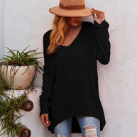 Damen lässiger Strickpullover mit tiefem V-Ausschnitt und langen Ärmeln WW