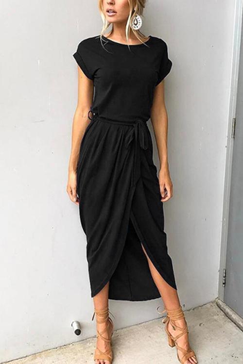 WW | Rosiedress Kurzarm Tie Waist Schlitz Midi Kleid