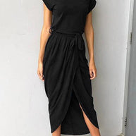 WW | Rosiedress Kurzarm Tie Waist Schlitz Midi Kleid