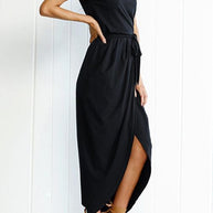 WW | Rosiedress Kurzarm Tie Waist Schlitz Midi Kleid