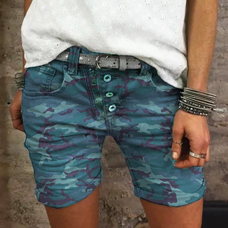 Wolff | Rosiedress Elastischer Bund Knöpfe Skinny Camo Shorts