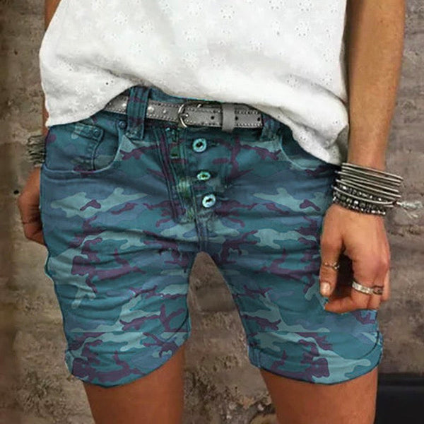 Wolff | Rosiedress Elastischer Bund Knöpfe Skinny Camo Shorts