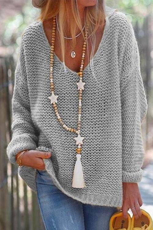 W&W Mode | Rosiedress V-Ausschnitt Drop-Shoulder Solid Strickpullover