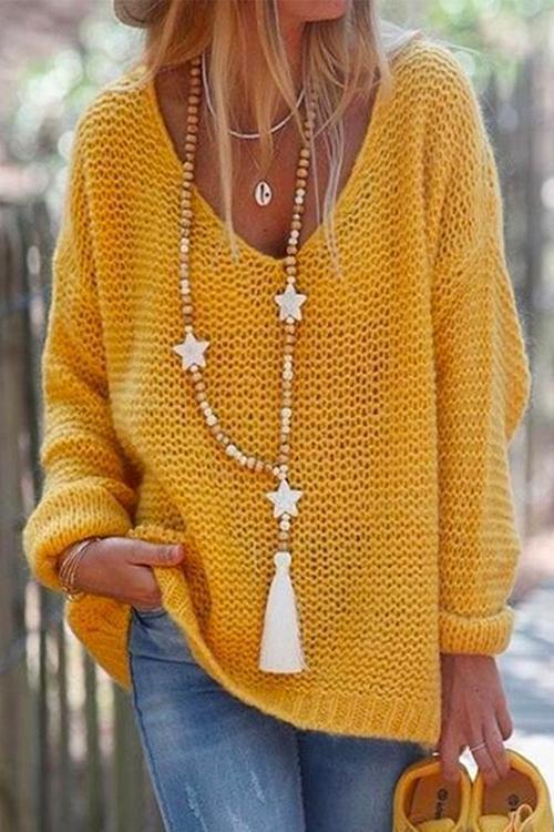 W&W Mode | Rosiedress V-Ausschnitt Drop-Shoulder Solid Strickpullover
