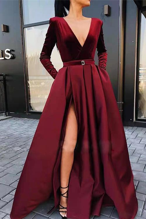 WW | Rosiedress Tiefer V-Ausschnitt Hohe Spalte Samt Swing Partykleid