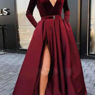 WW | Rosiedress Tiefer V-Ausschnitt Hohe Spalte Samt Swing Partykleid
