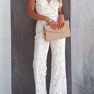 WW | Rosiedress Solide V-Ausschnitt Tailliertes Cami Spitzen-Overall