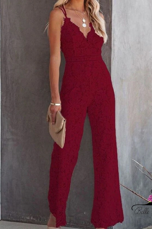 WW | Rosiedress Solide V-Ausschnitt Tailliertes Cami Spitzen-Overall