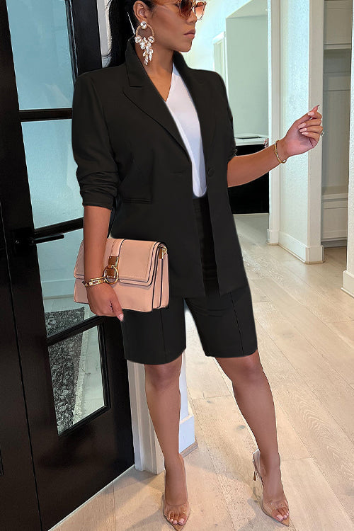 Wolff | Rosiedress Solide Langarm Blazer und Shorts Büro Set