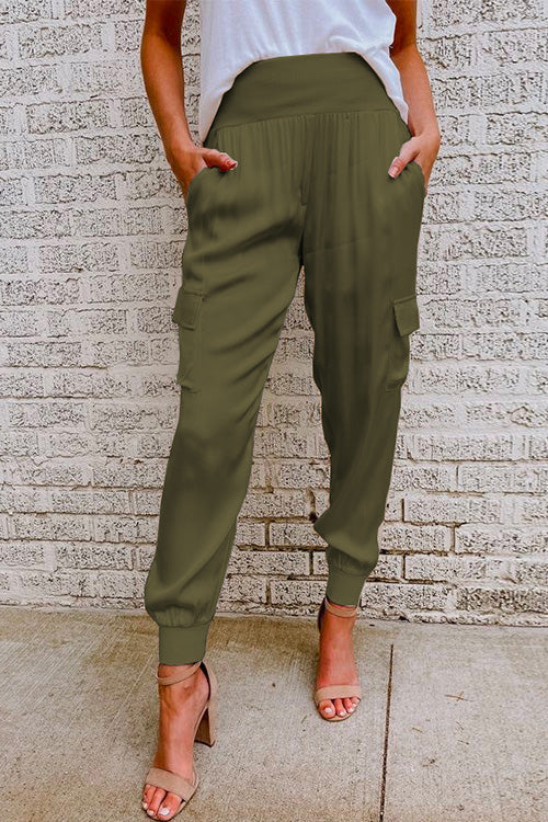 WW | Rosiedress Mode Stil Hohe Taille Satin Hose mit Taschen