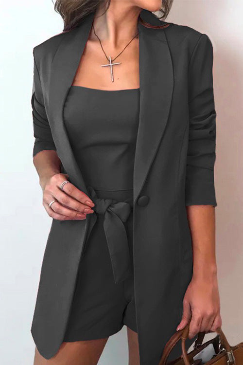 WW | Rosiedress Quadratkragen-Oberteil und Ein-Knopf-Cardigans Taillierte Shorts Drei Teile