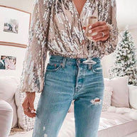 WW | Rosiedress Stilvolle V-Ausschnitt Langarm Pailletten Splice Top