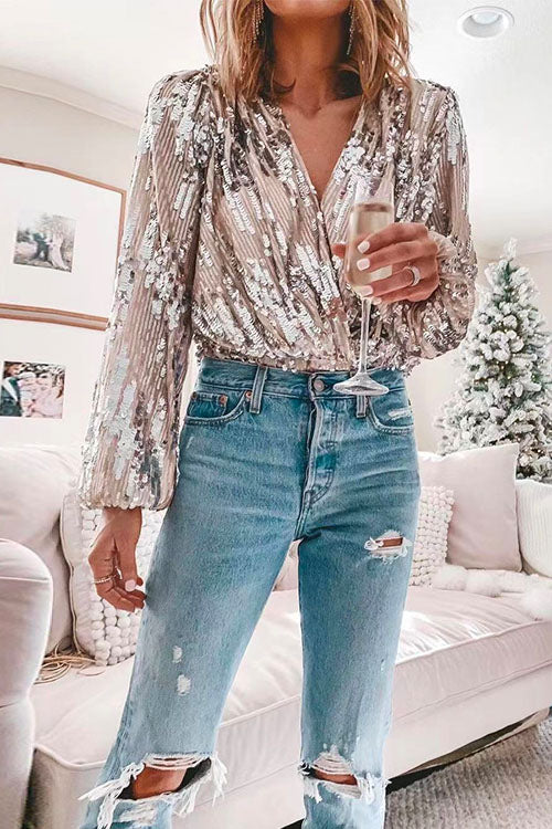WW | Rosiedress Stilvolle V-Ausschnitt Langarm Pailletten Splice Top