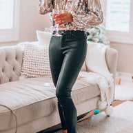 WW | Rosiedress Stilvolle V-Ausschnitt Langarm Pailletten Splice Top
