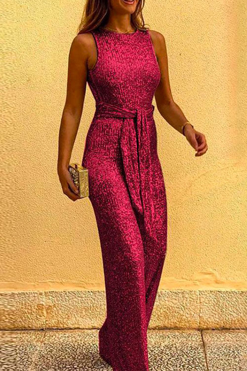 WW | Rosiedress Rundhals Ärmellos Mit Bindegürtel Pailletten Jumpsuit