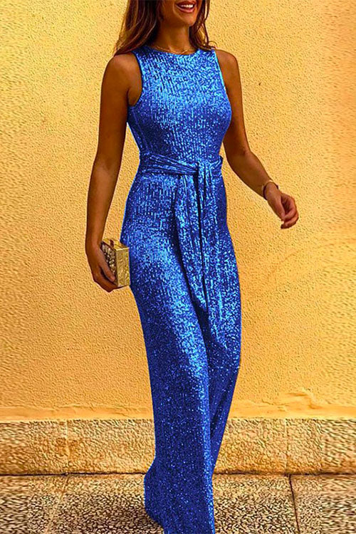 WW | Rosiedress Rundhals Ärmellos Mit Bindegürtel Pailletten Jumpsuit