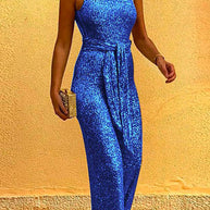 WW | Rosiedress Rundhals Ärmellos Mit Bindegürtel Pailletten Jumpsuit