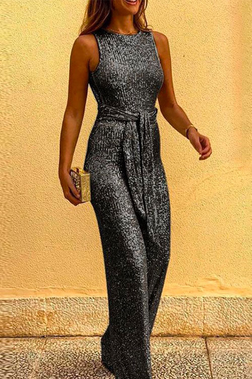 WW | Rosiedress Rundhals Ärmellos Mit Bindegürtel Pailletten Jumpsuit