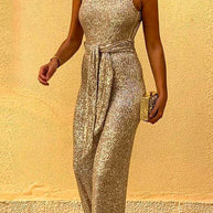 WW | Rosiedress Rundhals Ärmellos Mit Bindegürtel Pailletten Jumpsuit
