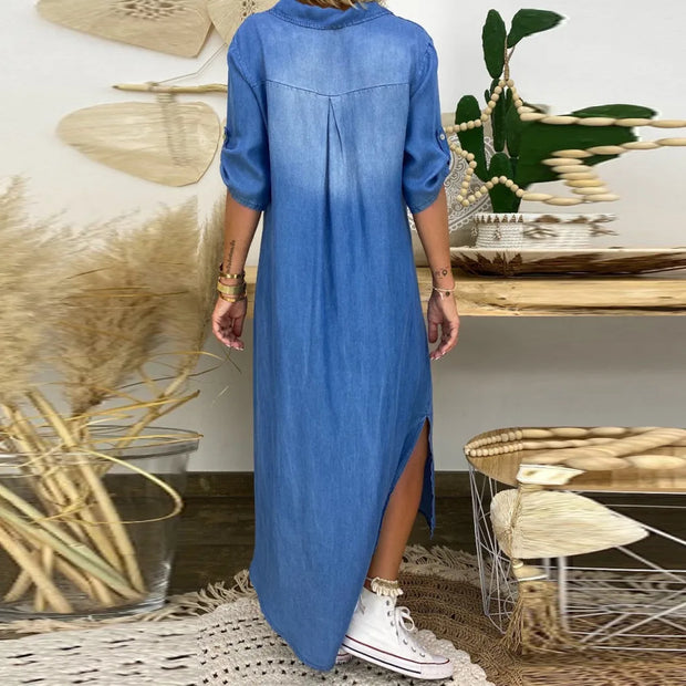 WW | Lässiges Denim Maxikleid Mit Kragen Für Damen