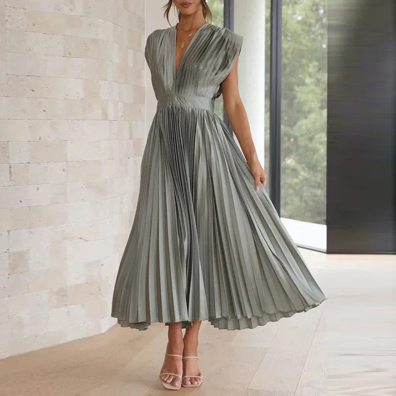 WW | Elegante Maxi Jurk Mit V-ausschnitt Und Fließenden Falten
