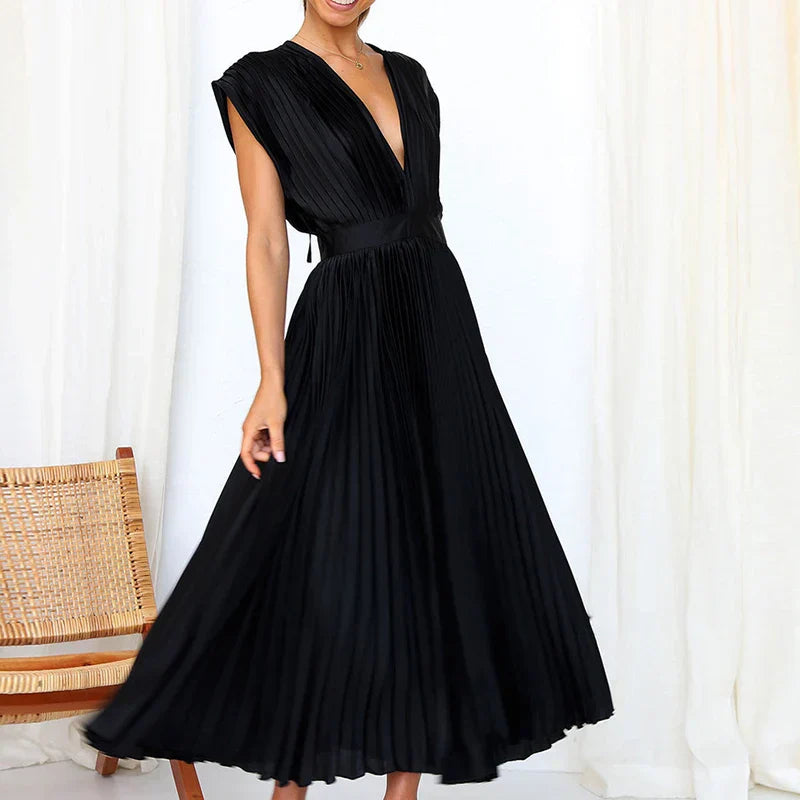 WW | Elegante Maxi Jurk Mit V-ausschnitt Und Fließenden Falten