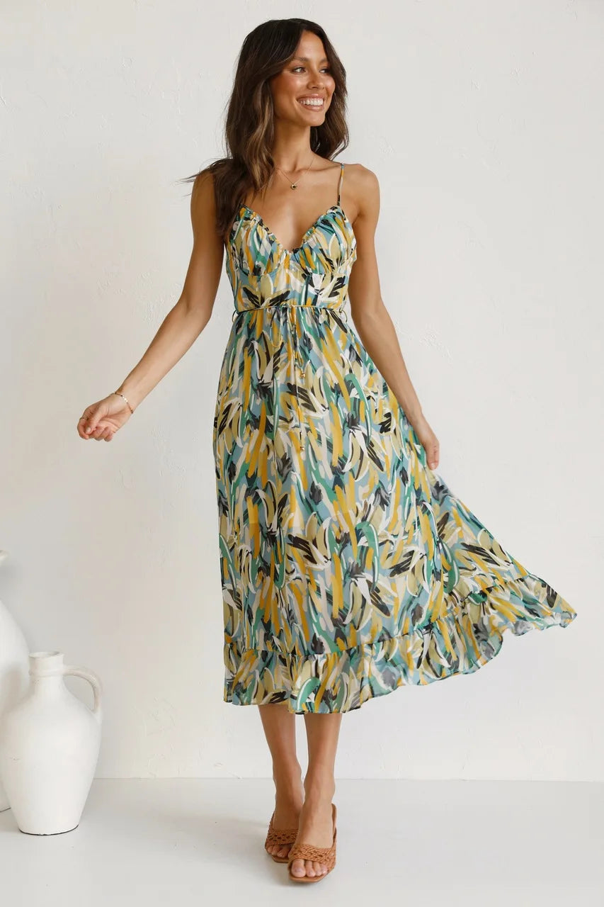 W&W Mode Sommerkleid | Midi Damenkleid mit offenem Rücken und Ausschnitt, bedruckt