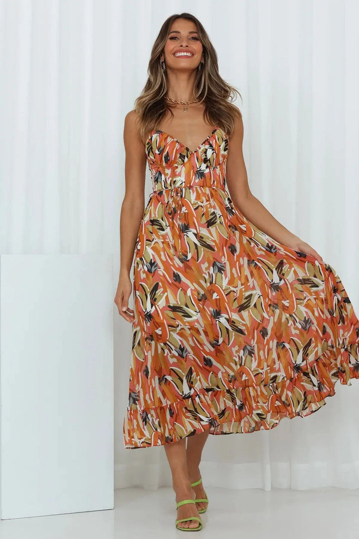 W&W Mode Sommerkleid | Midi Damenkleid mit offenem Rücken und Ausschnitt, bedruckt