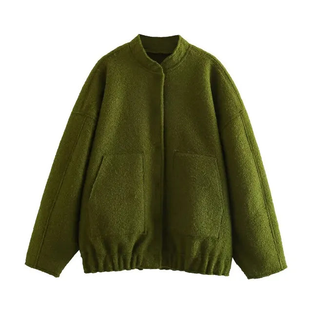 WW - Damen Oversize-Bomberjacke mit Taschen und Druckknopf-Design