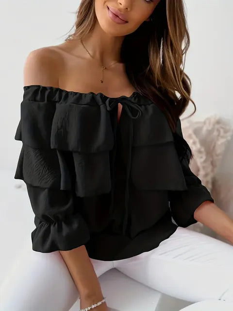WW - Damen Bluse aus lockerem Chiffon mit Schulterfreiheit und Volantkante, elastischem Schultergurt
