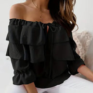 WW - Damen Bluse aus lockerem Chiffon mit Schulterfreiheit und Volantkante, elastischem Schultergurt