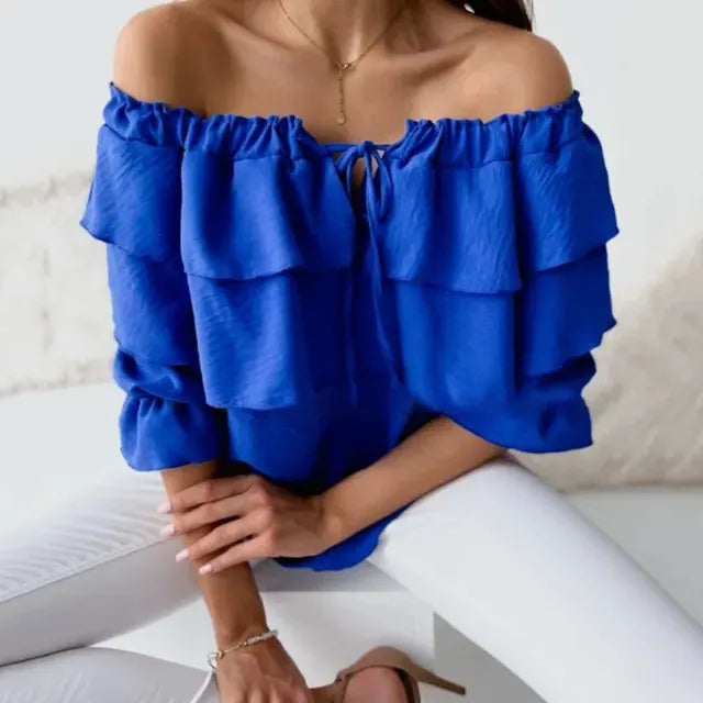 W&W Mode - Damen Bluse aus lockerem Chiffon mit Schulterfreiheit und Volantkante, elastischem Schultergurt