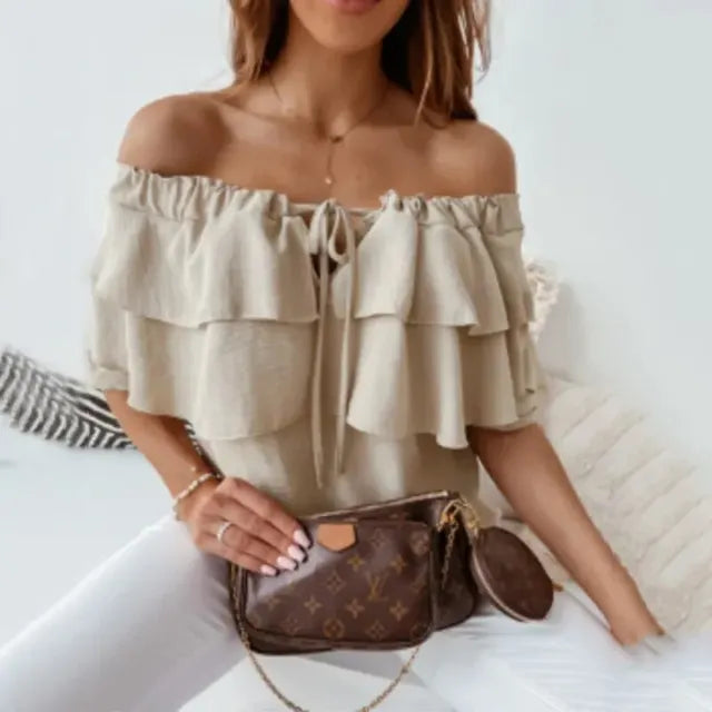 WW - Damen Bluse aus lockerem Chiffon mit Schulterfreiheit und Volantkante, elastischem Schultergurt