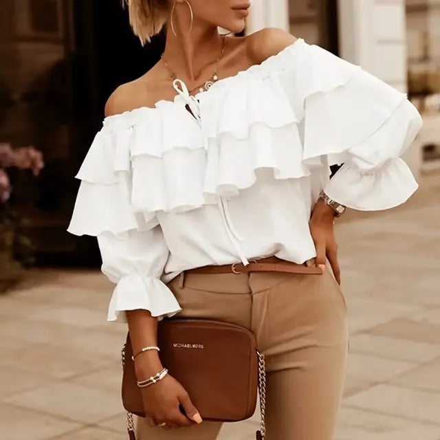WW - Damen Bluse aus lockerem Chiffon mit Schulterfreiheit und Volantkante, elastischem Schultergurt