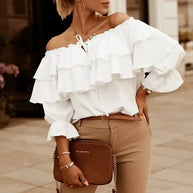 WW - Damen Bluse aus lockerem Chiffon mit Schulterfreiheit und Volantkante, elastischem Schultergurt